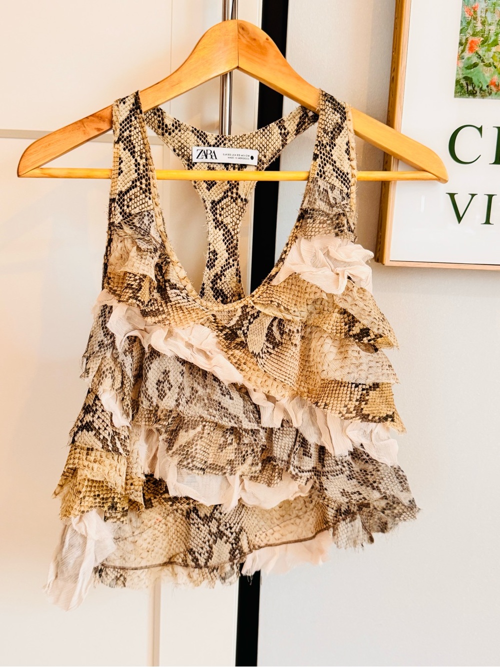 Zara Snake-Print Ruffled Racerback Tank - Beige & Cream - Picture 3 of 5